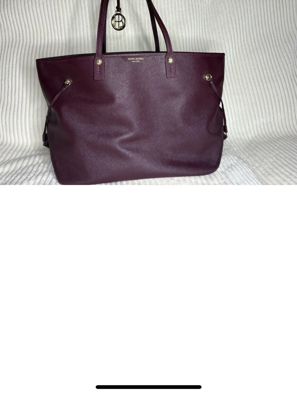 Henri Bendel Burgundy Tote Bag with Logo Charm, Gold Hardware & Striped Interior